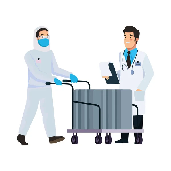 Biohazard cleaning person and doctor characters — Stock Vector