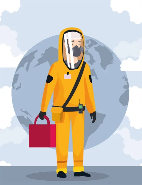 バイオハザードクリーニング専門のスーツの世界惑星 — ストックベクタ