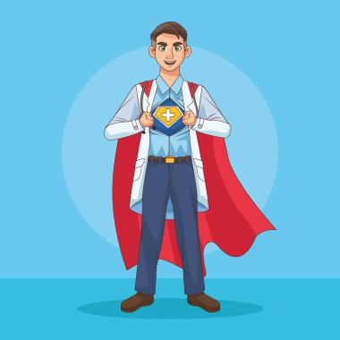 Süper doktor gömleği aç ve pelerin Covid19 'a karşı.