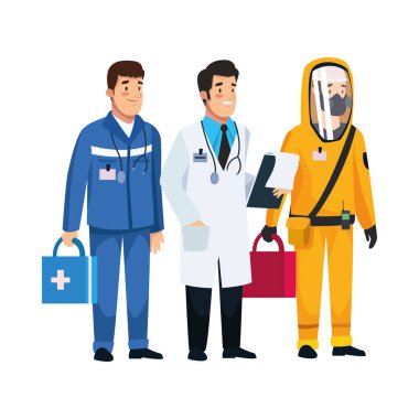 Biyolojik tehlike giysisi olan sağlık görevlisi ve doktor.