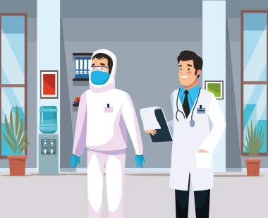 Biyolojik tehlike temizleyicisi ve doktor karakterleri