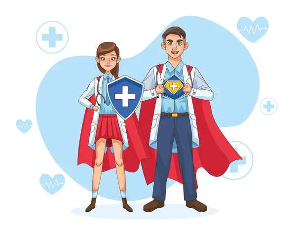 Super médicos pareja con capa de héroe y escudo vs covid19 — Archivo Imágenes Vectoriales