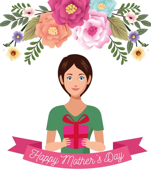 Bela mãe com caixa de presente e flores mães cartão de dia — Vetor de Stock