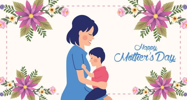 Mãe bonita com filho e moldura floral mãe cartão de dia — Vetor de Stock