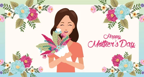 Beautiful mother with flower bouquet character mothers day card — Stock Vector