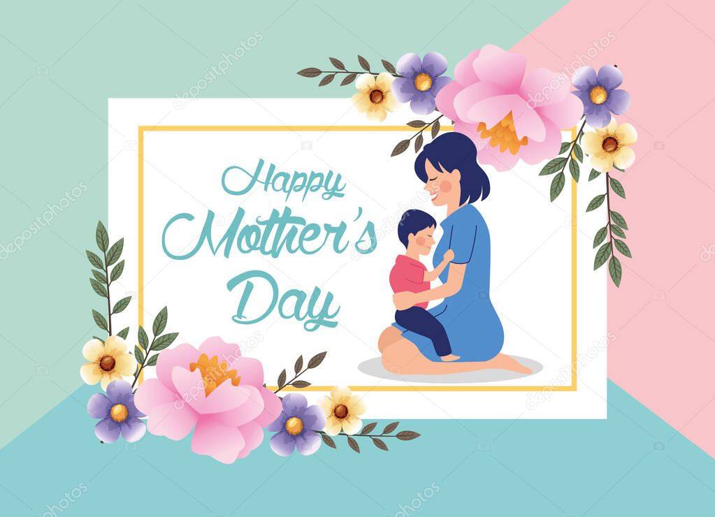 beautiful mother with son and floral frame mothers day card