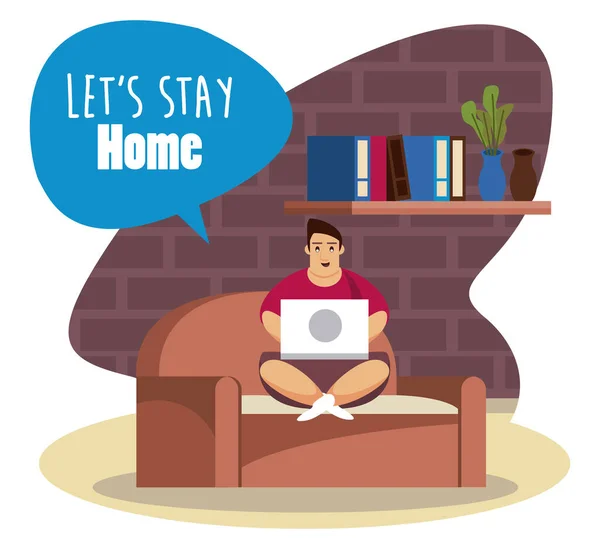 Kan stanna på hemmaplan med mannen som arbetar i laptop — Stock vektor
