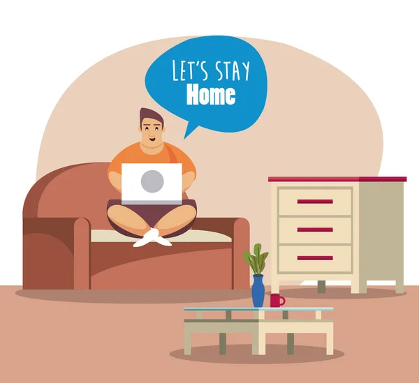 Kan stanna på hemmaplan med mannen som arbetar i laptop — Stock vektor