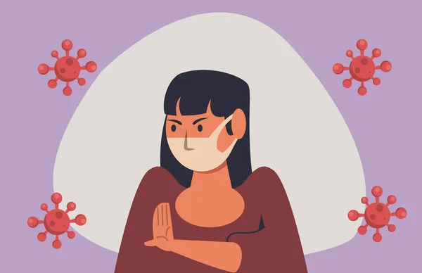 Förhindra spridning av covid19 kampanj med kvinna med ansiktsmask — Stock vektor