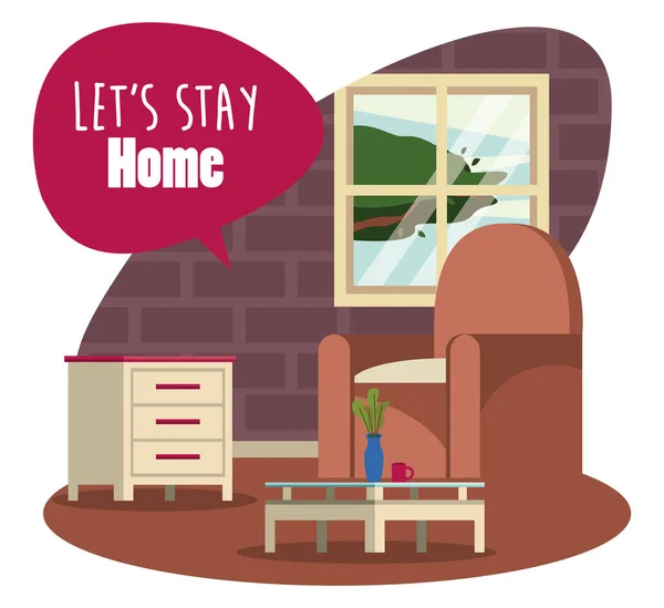 Lets stay at home scene with livingroom and speech bubble — Stock Vector