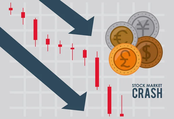 Caída del mercado de valores con monedas dinero y flechas hacia abajo — Vector de stock