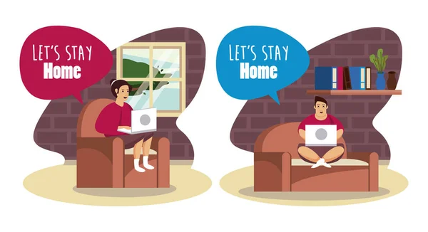 Kan stanna hemma scen med par som arbetar i laptop — Stock vektor