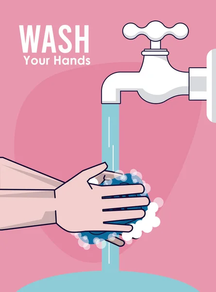 Lávese las manos cartel de campaña con grifo de agua — Vector de stock