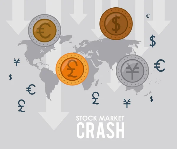 Caída del mercado de valores con monedas y mapas de tierra — Vector de stock