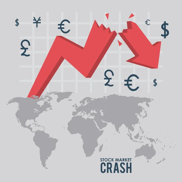 Caída del mercado de valores con flechas hacia abajo y mapas de tierra — Vector de stock