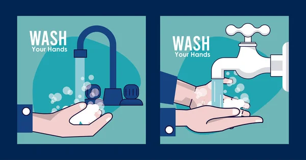 Tvätta händerna kampanj affisch händer och vatten kran — Stock vektor