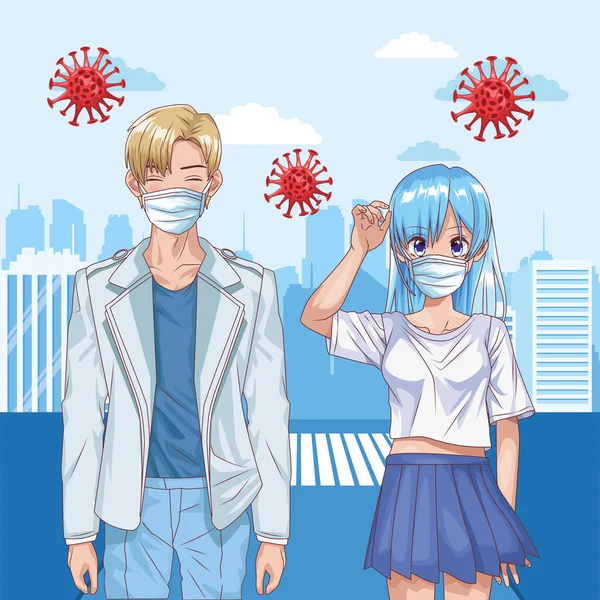 Couple with face masks and covid19 particles on the city — Stock Vector