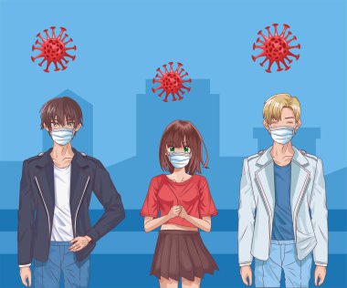 Yüz maskeli insanlar ve şehirde 19 parçacık var.