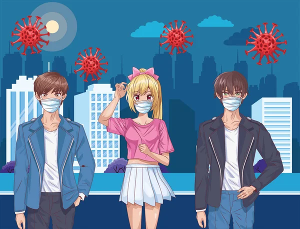 People with face masks and covid19 particles on the city — Stock Vector