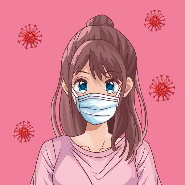 Hermosa mujer con máscara facial y covid19 partículas estilo anime — Vector de stock