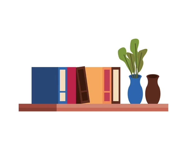 Prateleira de madeira com livros e plantas de sala —  Vetores de Stock