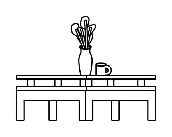 有家庭植物和咖啡杯家具图标的中间桌子 — 图库矢量图片