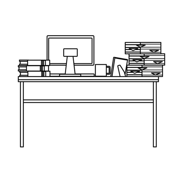 Bureau avec ordinateur de bureau et pile de documents — Image vectorielle