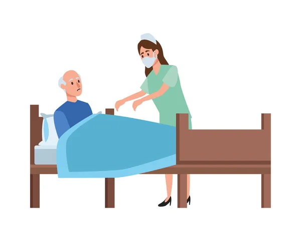 Enfermera atendiendo viejo hombre en cama — Vector de stock