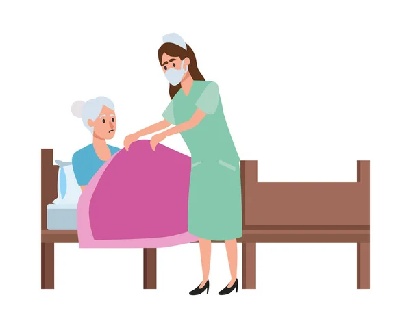 Nurse attending old woman in bed — Stock Vector