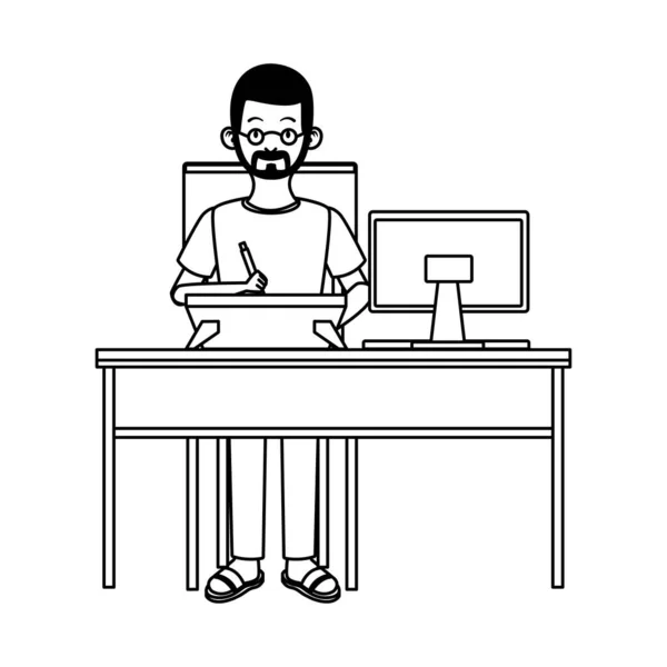 Hombre trabajando con escritorio en carácter de escritorio — Vector de stock