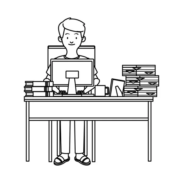 Muž pracující s desktopem v psacím stole a hromadit dokumenty — Stockový vektor