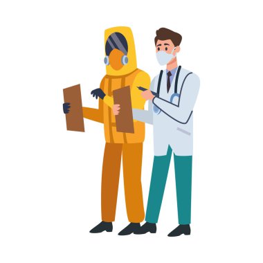 Yüz maskeli ve biyogüvenlikli doktorlar.
