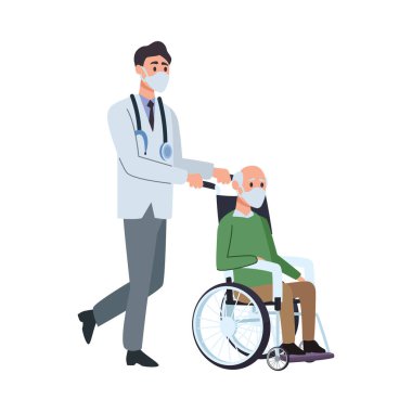 Doktor ve yaşlı adam tekerlekli sandalyede.