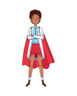 Kahraman pelerinli süper kadın afro doktor Covid19 'a karşı.