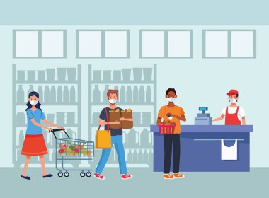 İnsanlar süpermarkette yüz maskesi takıp alışveriş yapıyorlar.