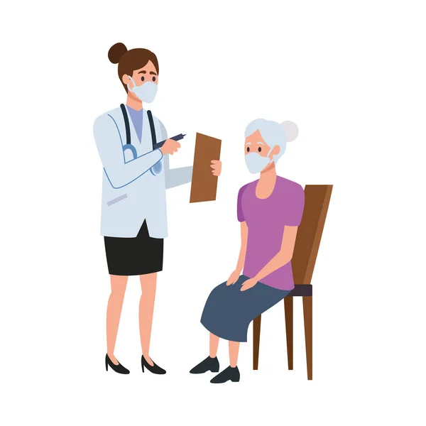 Γυναίκα γιατρός φοιτούν ηλικιωμένη γυναίκα στην καρέκλα — Διανυσματικό Αρχείο