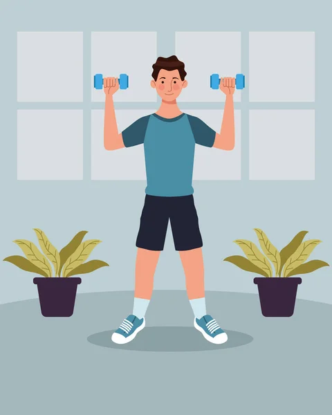 Hombre levantando pesas ejercicio en la casa — Vector de stock