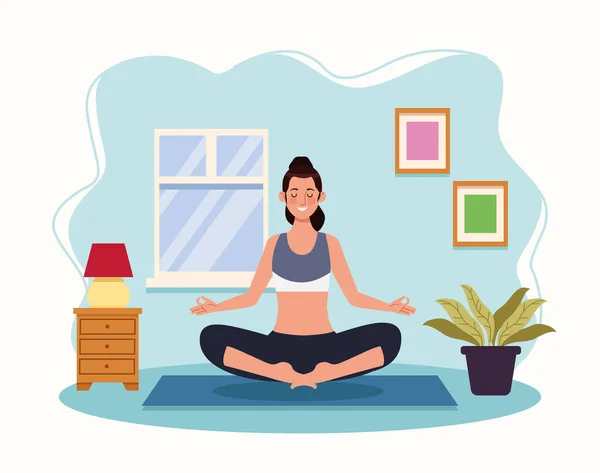 Mujer practicando yoga en la casa — Vector de stock