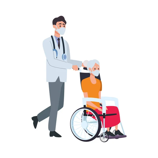 Γιατρός φροντιστής γριάς σε αναπηρική καρέκλα — Διανυσματικό Αρχείο