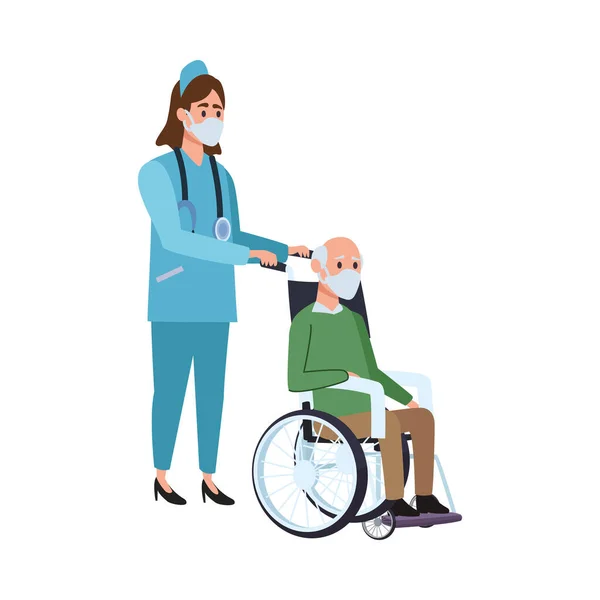 Νοσοκόμα με τον ηλικιωμένο σε αναπηρική καρέκλα — Διανυσματικό Αρχείο