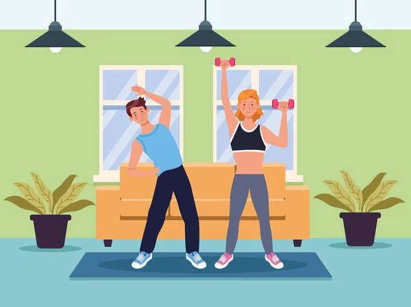 Casal praticando exercício na casa — Vetor de Stock