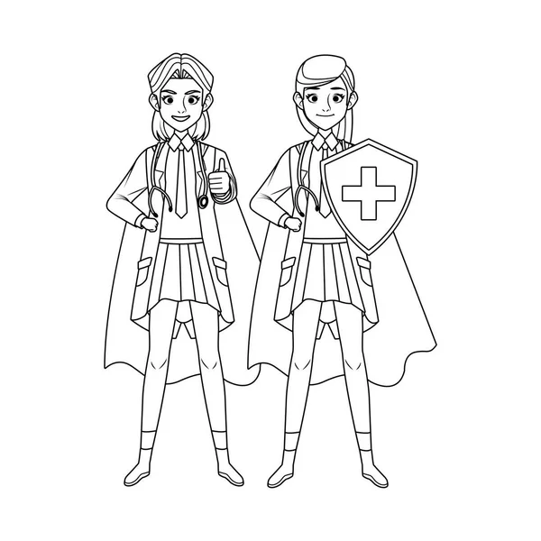 Medici super femminili con mantello eroe e scudo vs covid19 — Vettoriale Stock