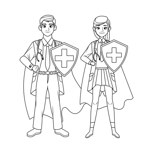 Super dokter pasangan dengan jubah pahlawan dan perisai vs covid19 - Stok Vektor