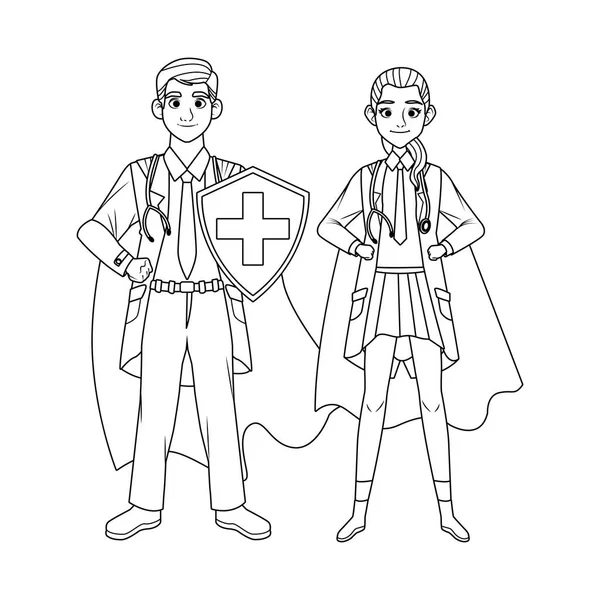 Super läkare par med hjälte mantel och sköld vs covid19 — Stock vektor