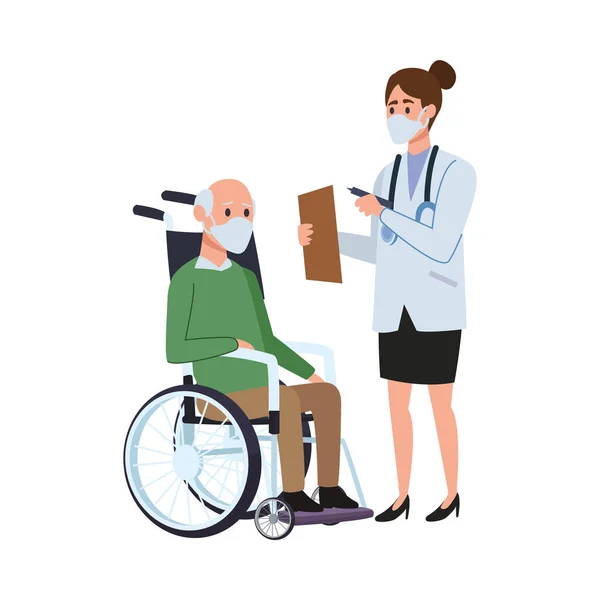 Female doctor with old man in wheelchair — Stock Vector