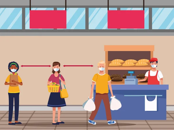 Люди ходят по магазинам в супермаркете в маске — стоковый вектор