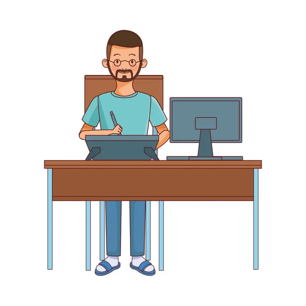 Muž pracující s desktopem v psacím stole znak — Stockový vektor