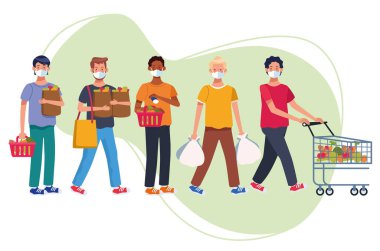 İnsanlar süpermarkette yüz maskesi takıp alışveriş yapıyorlar.
