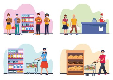 İnsanlar süpermarkette yüz maskesi takıp alışveriş yapıyorlar.