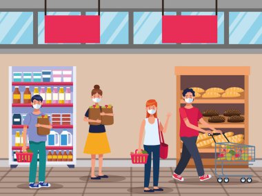 İnsanlar süpermarkette yüz maskesi takıp alışveriş yapıyorlar.
